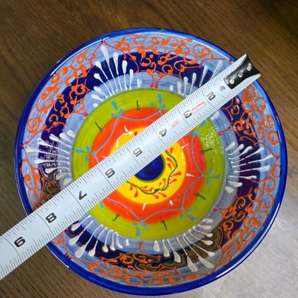 Hand-Painted Ceramic Bowl From Spain With Vibrant Blue Orange & Yellow Patterns - Picture 12 of 16